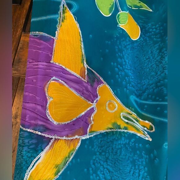 Banana Moon Bali Blue HandPainted Fish Sequin Accents Long 66” Tropical Scarf - Picture 6 of 7